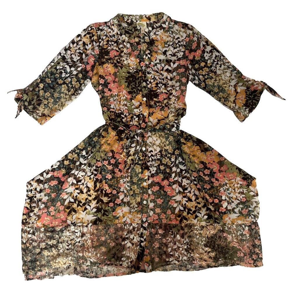 Figueroa And Flower Sz Small Floral 3/4 Sleeve Button Up Dress Floral Lace Lined